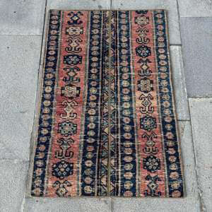 Alfombra Turca de 1.7x2.5 pies, Alfombra Pequeña Vintage, Alfombra Abstracta Azul y Roja - Product Image 1