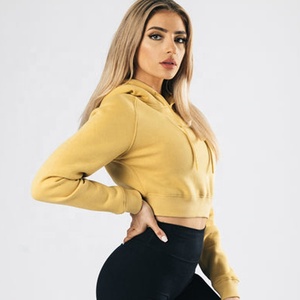 Top corto de gimnasio con cremallera de franela personalizable para mujer, Sudadera con capucha de gran tamaño con dobladillo crudo, corte en V, ropa de Yoga para Fitness, venta al por mayor para invierno - Product Image 2