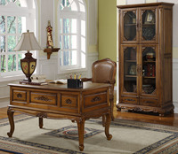 Bureau de direction confortable et durable en teck massif sculpté, style français antique, modulaire et durable, 5 tiroirs, fabrication indonésienne