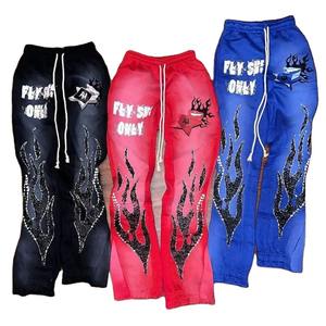 Pantalones de chándal acampanados de cintura con cordón pesado de felpa francesa lavados con ácido para cortar y coser diamantes de imitación personalizados - Product Image 1