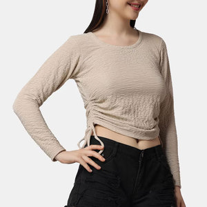 Women's High Quality Cotton Full Sleeve <b>Crop</b> <b>Top</b> with New Drawstring Design Short Neck Wear for Summer Print Pattern - Product Image 3