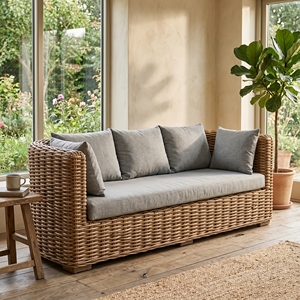 Surabaya <b>Sofa</b> Mahogany Wood Frame Half Cl Rattan Polished Dhapnie Light Grey Cushions Daybed Premium Patio <b>Outdoor</b> Furniture - Product Image 3