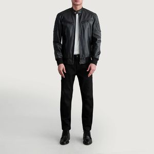 Chaqueta Bomber de cuero negro personalizable de alta calidad, abrigo de invierno profesional informal con cuello levantado, teñido liso, fabricación - Product Image 4