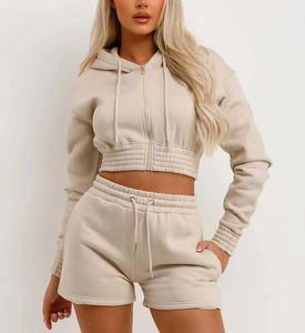 Ensemble 2 pièces beige personnalisé Sweats à capuche et shorts pour femmes à épaules tombantes | Streetwear Ensemble de survêtements à capuche zippés - Product Image 1