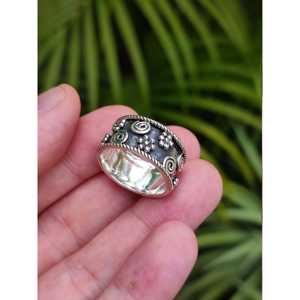 Handmade 925 Sterling Silver Flower <b>Ring</b> Band Boho <b>Thumb</b> <b>Ring</b> with Inlay Chunky Artisan Design Jewelry for <b>Women</b> Gift for Her - Product Image 6