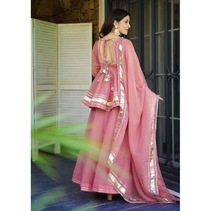Chiffon Formal Solid Anarkali Sharara Set with Gotta Lace <b>Top</b> Feminine and Elegant Knee Length Pattern ODM Breathable - Product Image 2