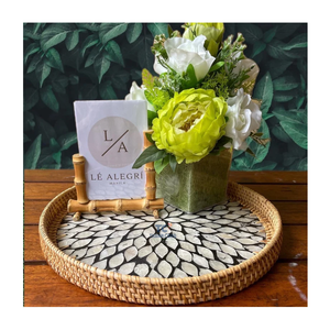 Vente en gros Plateau en rotin avec incrustation de nacre Plateau rond comme décor de table basse Plateau en nacre fait à la main - Product Image 3