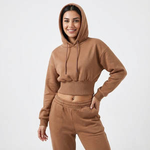 Ventes en gros de sweats à capuche pour femmes à taille haute et à coupe courte, ourlet côtelé large, épaules tombantes, manches bouffantes, sweats en molleton de coton sur mesure - Product Image 1