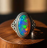 Bague en laiton plaqué or rose avec opale éthiopienne sertie clos, pierre précieuse, cadeau pour femme