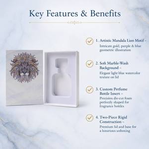 Coffret Cadeau <span class=keywords><strong>Parfum</strong></span> Mandala Lion Personnalisé, Design Marbre Lavé, Emballage Rigide Deux Pièces avec Insert Découpé pour Bouteille, Idéal pour Parfums de Niche - Product Image 2
