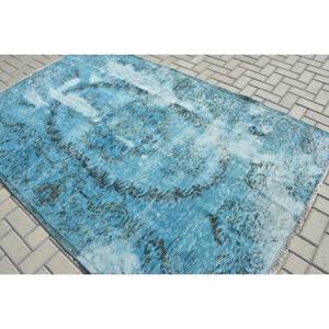 พรมตุรกีโบราณสีฟ้า5.4 x 8.1ft พรมขนสัตว์ทำด้วยมือสไตล์โบฮีเมียนพร้อมแผ่นรองยางสำหรับข้างเตียงทรงสี่เหลี่ยมเย็บปะติดปะต่อกัน - Product Image 4