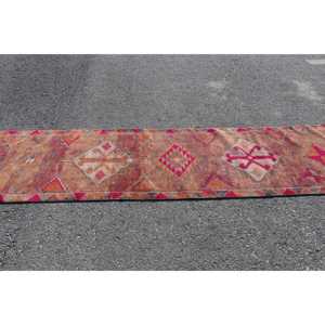 2.4x11.4 ft Herki Turkish Rug, <b>Brown</b> Bordered Vintage Rug <b>Wool</b> - Product Image 3