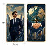 Carte de collection en métal double face personnalisée « Succès d'entreprise » avec cadre doré, globe, carte du monde et silhouette urbaine – Cadeau d'entreprise