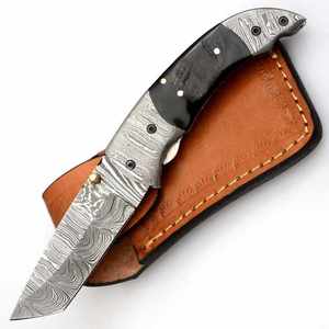 Cuchillo plegable de Damasco Cuchillos de bolsillo profesionales de acero de Damasco con funda - Product Image 1