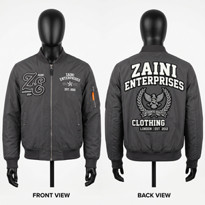 Chaqueta Bomber para Hombre, 240 GSM, Poliéster Premium, Gris Carbón, Ribete Acanalado, Bordado Personalizado, Parche de Chenilla, Etiqueta Tejida - Product Image 1