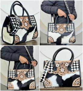 Sac fourre-tout élégant pour femme, grande capacité, en cuir à carreaux travaillé à la main, sac fourre-tout de loisirs en cuir de vache, sac à bandoulière, sac à main - Product Image 1