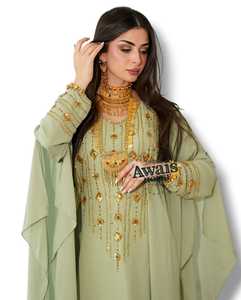 AWAIS HOUSE 2025 Robe de luxe pour femme, simple, broderie perlée, couleur unie, violet, en mousseline de soie, longueur au sol, coupe trapèze, manches longues, col en V - Product Image 4