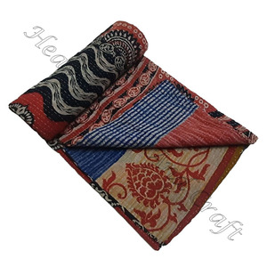 Wholesale Jaipuri Indian Handmade 100% Cotton Floral <b>Kantha</b> <b>Quilts</b> Indian Reversible Hand Stitched Heavy Throw Old Sari Blanket - Product Image 5