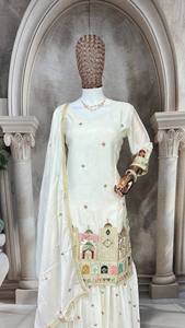 Lanzamiento de Nuevos Diseños Modernos de Trajes Festivos Sharara Palazzo en Tela de Seda Chinon Pura con Encaje en el Borde - Product Image 4