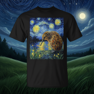 T-Shirt con Grafica Notte Stellata Stile Van Gogh, Design con Uccello Kiwi, Magliette Promozionali - Product Image 3