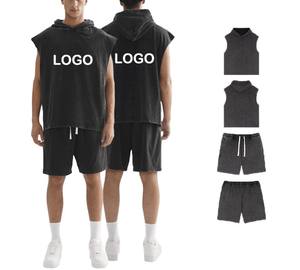 OEM personalizado de los hombres de rizo 100% de algodón casual lavado vintage con capucha de dos piezas conjunto de pantalones cortos de verano con capucha conjuntos de secado rápido - Product Image 1