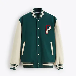 Chaqueta Varsity Verde para Hombre, Color Sólido, Cierre de Botones, Cuello Camisero, Corte Regular, Estilo Casual Preppy, Ropa de Otoño - Product Image 1