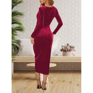 Vestido Midi de Terciopelo para Mujer, Manga Larga, Cuello Cruzado, Cintura Fruncida, 27721 - Rojo - Product Image 2