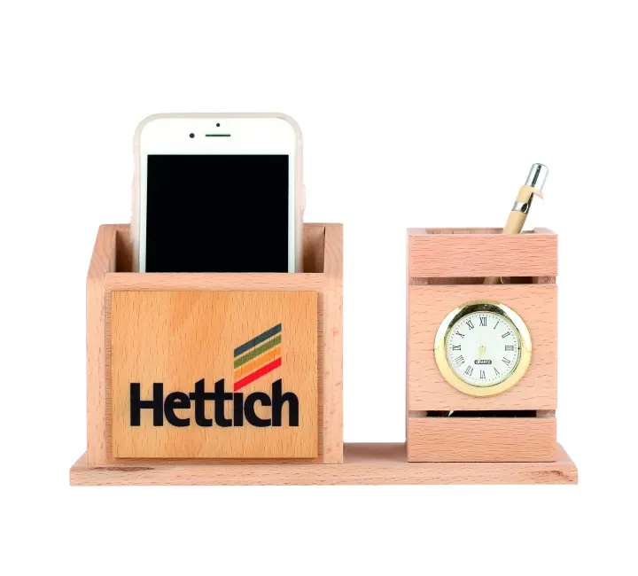 Promotional Luxury Design Price Wooden Clock with Pen Phone Holders Table Phone Holder Pen Stand Custom Branding Office Table