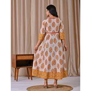 Vestido de Algodón Gris Amarillo con Cierre de Botones, Estampado Butta Block, Diseño Personalizado para Fiestas Casuales, Talla XS, Transpirable, Largo hasta el Suelo - Product Image 6