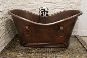 Rustic Hammered Copper Double Slipper <b>Bathtub</b> with Rings Freestanding Antique Copper Soaking Tub with Pedestal Base - Product Image 5