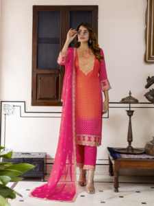 Conjunto de traje Salwar con estampado de Bandhani bordado de gasa para mujer de Trendmalls Kurta con protección solar de boda de Dupatta EN EL G289-Orange-S - Product Image 4