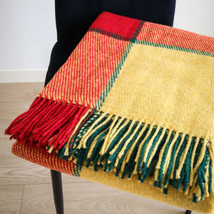 Colorful Checkered 140x200 cm Cozy Wool Blanket-70% New Zealand Wool Red Green & Yellow <b>Woven</b> <b>Throw</b> for Couch Bed - Product Image 2