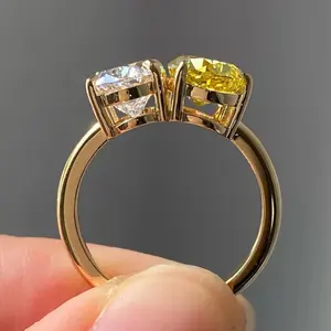 5.00 Ct Fancy Vivid Yellow and White Color Pear and Oval Shape Lab Grown Diamond Engagement <b>Ring</b> in <b>14k</b> <b>Gold</b> toi et moi <b>ring</b> - Product Image 5