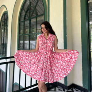 Vestido de tela transpirable de rayón rubor rosa para mujer, vestido elegante informal con estampado Floral sin cuello para oficina y vacaciones - Product Image 1