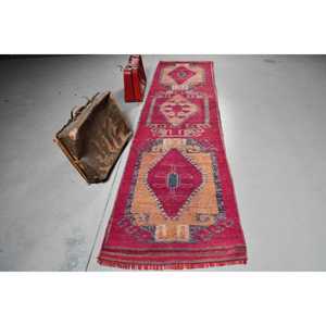 Turkish Vintage Rug, <b>Runner</b> 2.9x11.8 ft (89x359 cm) Rug, <b>Red</b> Moroccan Wool Rug - Product Image 1
