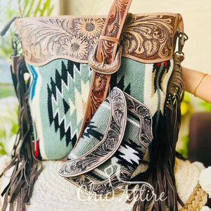 New Western Traditional Style Aztec Tooled Leather Handbag Women's Colourful Shoulder Bag and Wristlet Clutch Unique Combo Set - Product Image 1