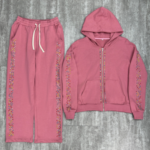 Chándal holgado con diamantes de imitación de algodón de alta calidad, fabricante personalizado Unisex, pantalones de chándal de gran tamaño, conjunto de chándal con capucha - Product Image 1