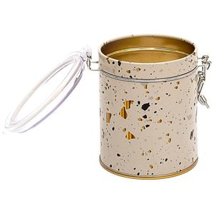 Boîte de rangement en métal rond 90x110mm Terrazzo crème avec fermoir métallique et couvercle transparent pour l'organisation d'outils - Product Image 2