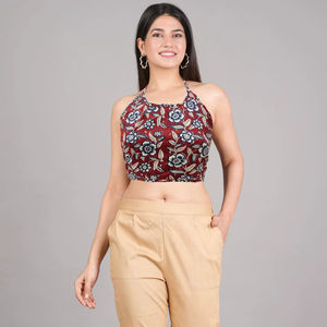 Maroon cotton handblock printed <b>sleeveless</b> backless <b>blouse</b> with a round neck styled in free size fit <b>for</b> soft easy everyday wear - Product Image 1