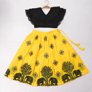 Shoryam Fashion Designer Kids Yellow <b>Skirt</b> <b>Black</b> <b>Layered</b> Choli Set Beautiful Hathi Embroidery Traditional Girls Party - Product Image 2