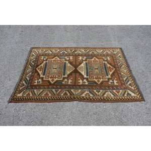 Style Ethnique 4x5.5ft Tapis Turc Classique Marron Bleu Patchwork Laine Polyester Rectangle Salon Tapis avec Support en Latex - Product Image 3