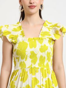 Sati usine femmes décontracté Floral Maxi robe jaune blanc motif à volants manches étage longueur robe de bal taille tombée-pour - Product Image 4