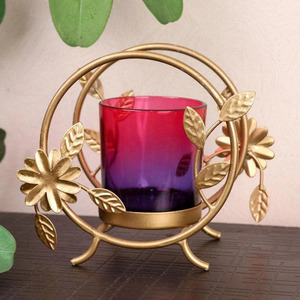 Round Gold Leaf <b>Tea</b> Light Holder With Glass Votive for Ambient Illumination Suspended in Light - Product Image 3