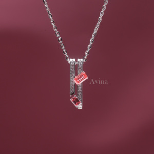 IGI Certified Lab Grown Diamond Emerald Cut Pink <b>Ruby</b> Bar Pendant <b>Necklace</b> in 18K White Gold Modern Geometric Designer <b>Necklace</b> - Product Image 3