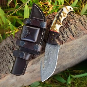 มีดดามัสกัสพร้อมตะขอเกี่ยว8 "ฮอร์นมีดล่าสัตว์ใบมีดคงที่หรือปลอกหนังด้ามไม้ของขวัญสำหรับนักล่า - Product Image 1