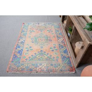 Vintage 4ft 11in X 5ft 9in Turkish <b>Rug</b> Blue Pink Patchwork Wool <b>Large</b> Area <b>Living</b> <b>Room</b> Carpet Latex Backing Classic for Hallway - Product Image 1
