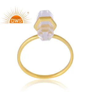 Trending Crystal Quartz Gemstone Ring Gold Plated Sterling Silver 18K 925 Natural New Design Pencil Style for Women 1 Pcs