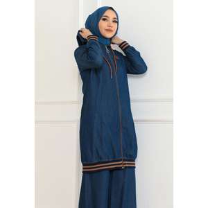 Ensemble deux pièces décontracté pour femme en denim côtelé bleu foncé, col rond, manches longues, fermeture éclair, 100 % coton, XS/XS, avec short mi-longueur au genou - Product Image 2