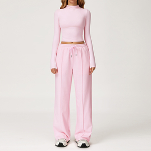 Ensemble de vêtements de sport pour femmes automne-hiver, haut à col montant à manches longues décontracté, pantalon de survêtement à jambes larges, vêtements de fitness, vêtements de course, logo personnalisé - Product Image 2