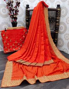 Saree de seda Vichitra pesada para mujer, e hilo con Secuencia, trabajo para desgaste de fiesta y festival, precio bajo - Product Image 5